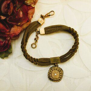 VICTORIAN Woven Hair 10K Gold Filled Watch Fob~ANTIQUE Hair Pearl Gold Watch Fob